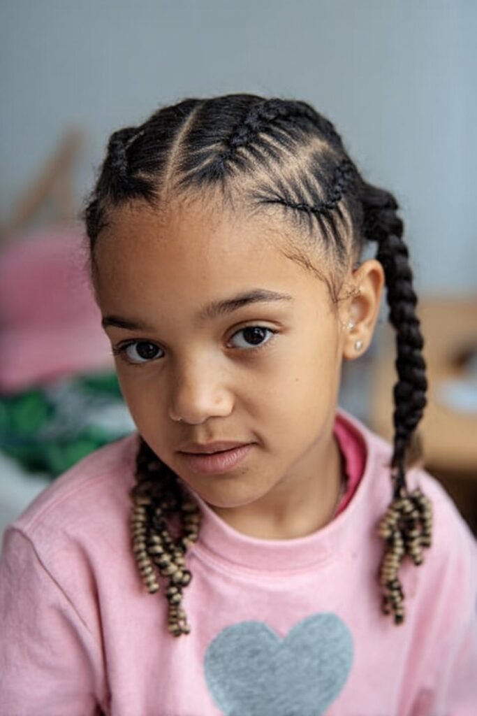 Little girl showing heart-shaped braids with beads secured on the braid ends in a soft pastel studio.
