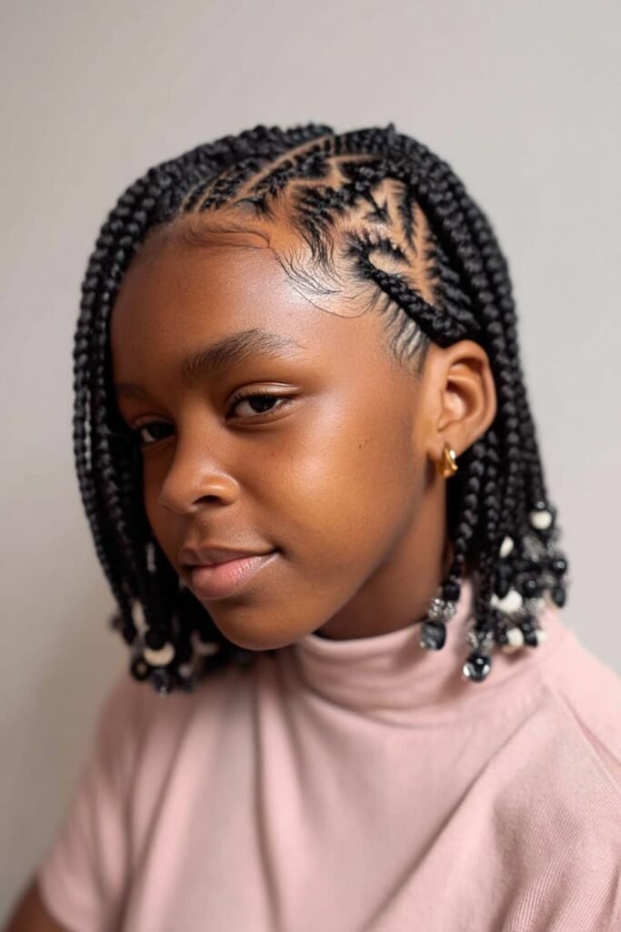 A woman in her 20s looking downward and slightly sideways to showcase heart-shaped parting in short Fulani braids with beads woven into the braids, photographed in a bright studio setting.