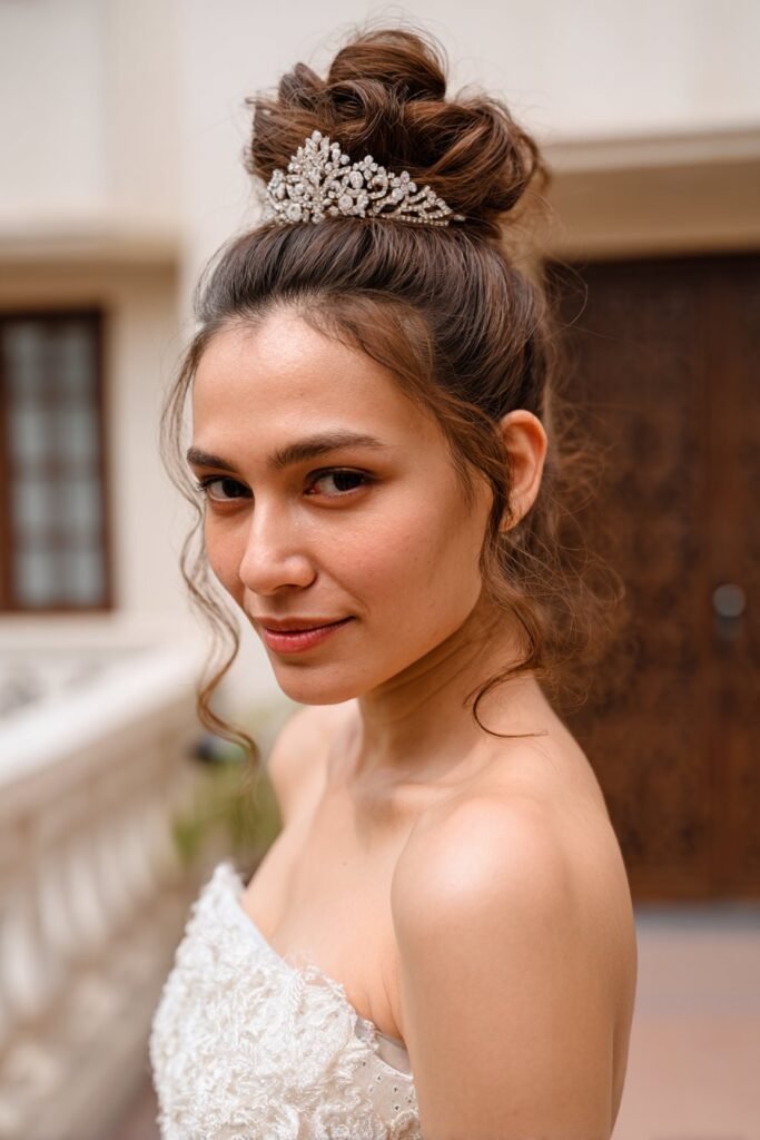 Bride in her 20s showcasing a high bun wedding hairstyle crowned with a statement tiara in a grand palace-style wedding hall.