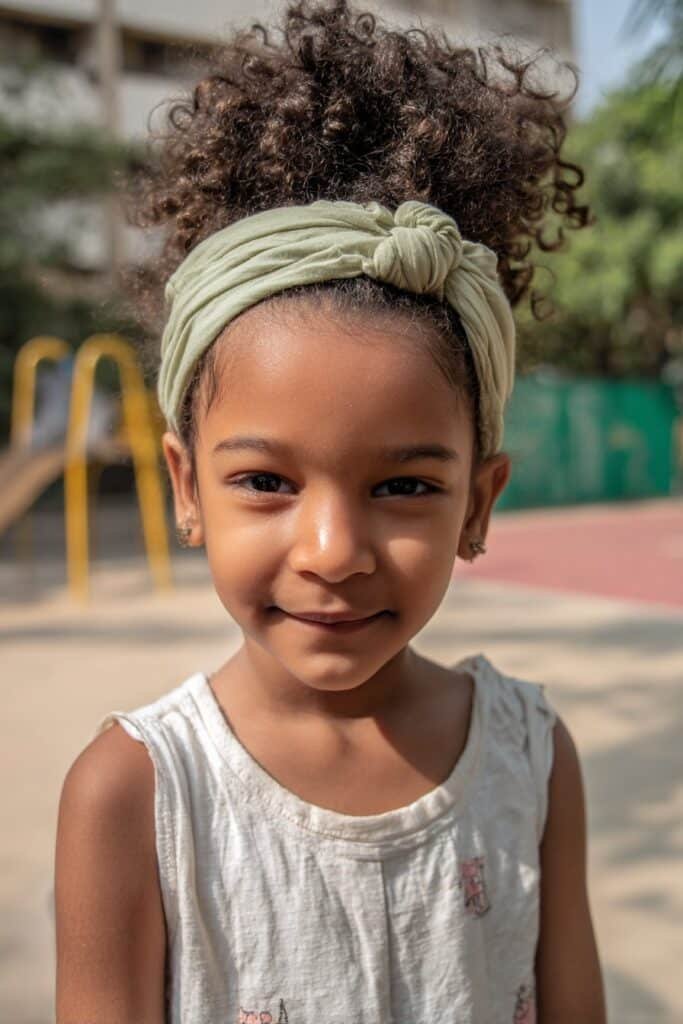 A happy young girl with a high curly puff secured by a stretchy elastic headband, dressed in a colorful outfit, posing in a sunny playground with slides and swings.