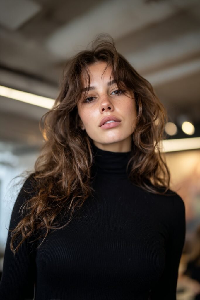 Confident woman in a chic turtleneck showcasing a high-volume blowout hairstyle inside a luxury hair salon interior.