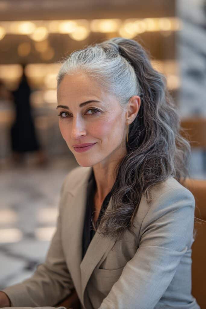 Powerful woman in her 40s with a high voluminous ponytail and espresso roots, posed in an upscale hotel lobby – ponytail hairstyles for women over 40 series.