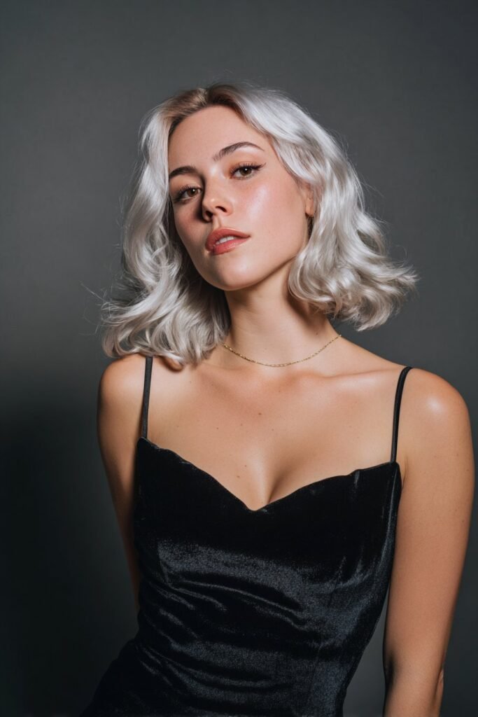 Woman in her 20s with Hollywood-inspired platinum waves, glamorous icy blonde curls styled in an elegant studio environment.