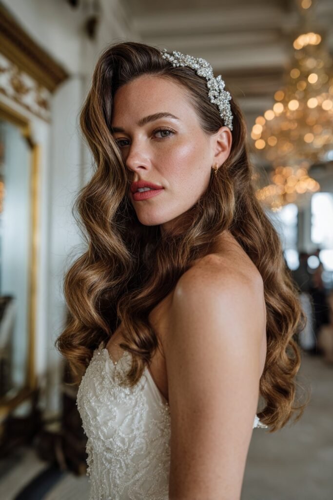 Bride in her 20s styled in vintage Hollywood waves paired with a sparkling crystal headband, captured in an elegant ballroom setting.