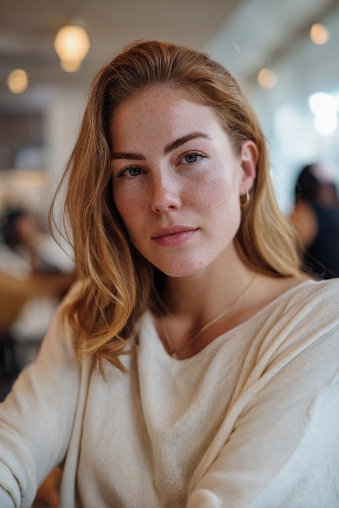 Woman in her 20s with honey butter blonde hair, warm honey-gold undertones captured in a sunlit café setting.