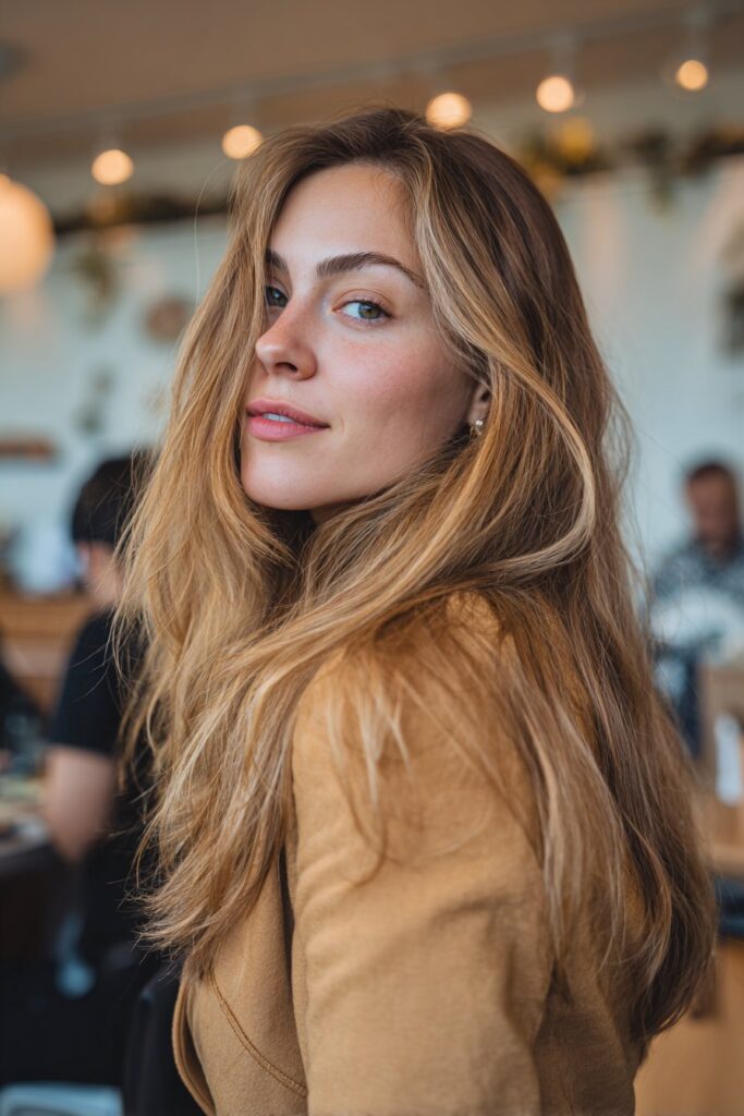 Woman in her 20s turning her head mid-motion to showcase honey cream blonde hair with warm golden shine in a cozy café setting.