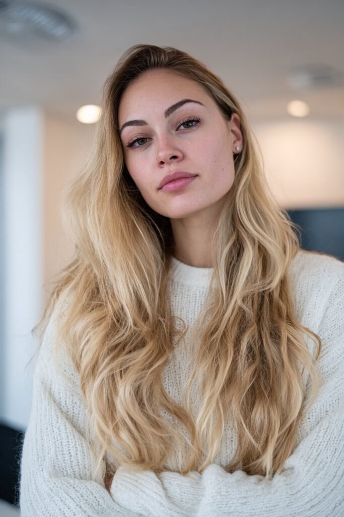 Young woman showcasing iced vanilla blonde hair, creamy icy tones flowing smoothly in a minimalist spa interior.