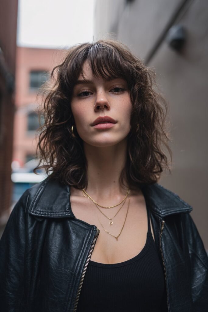 Front-view portrait of a woman in her 20s wearing indie sleaze fringe with edgy texture, photographed in a moody urban alley background.