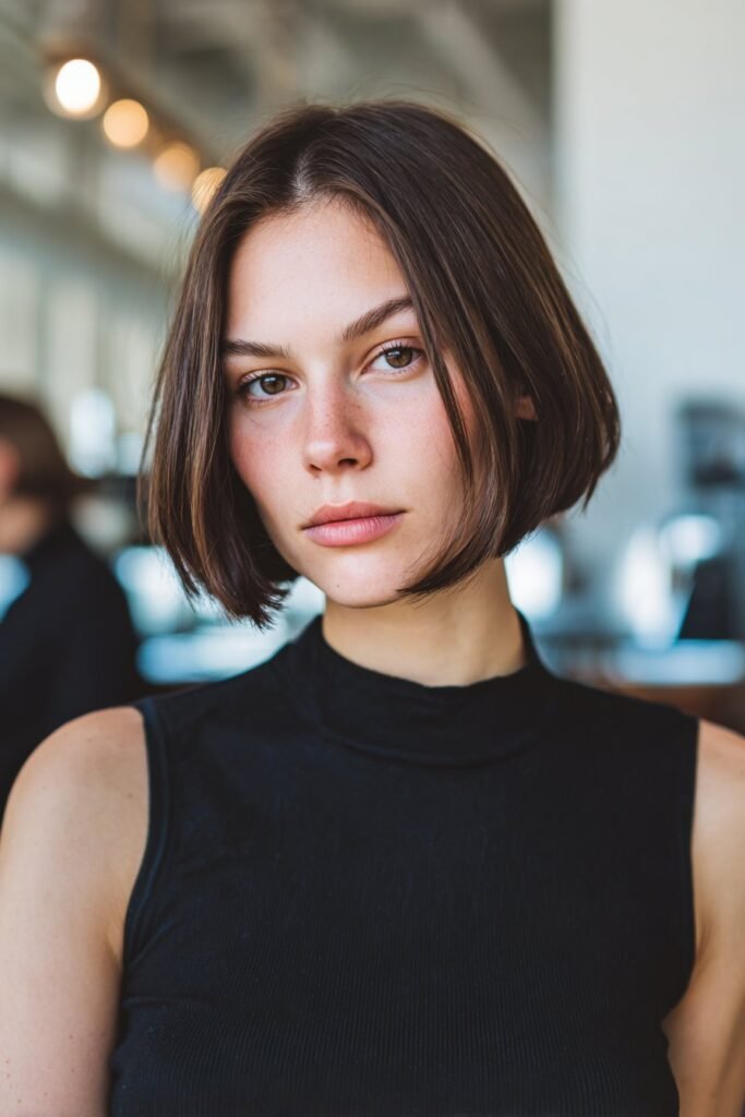 Chest-up front-facing image of a woman in her 20s with a sharp jawline-length bob, highlighting precise lines inside an upscale café interior.