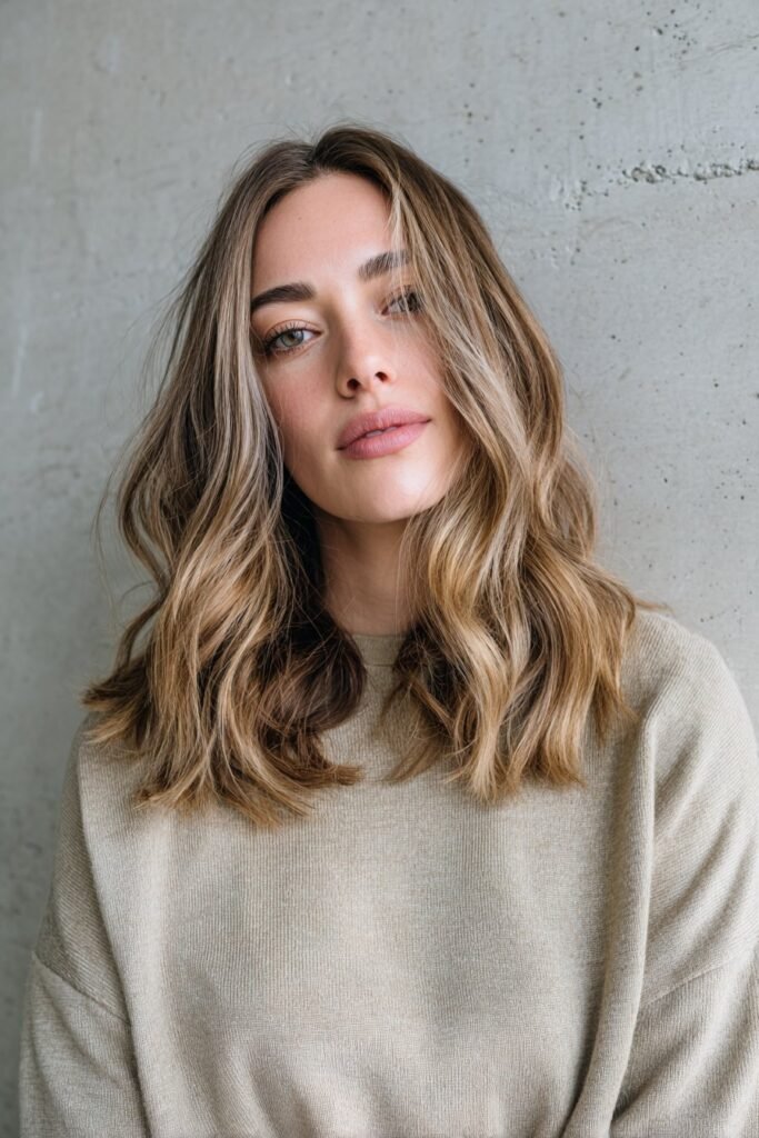 Woman in her 20s with khaki bronde hair, muted cool-toned blend styled in modern layers inside a minimalist concrete loft.
