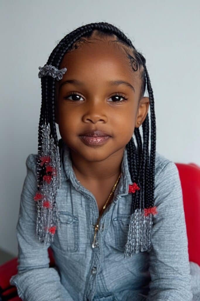Little girl with knotless braids decorated with beads attached directly to the braids in a neutral studio.