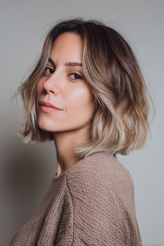 Woman in her 20s with a layered bob and platinum balayage, blended icy highlights shown in a professional studio portrait.