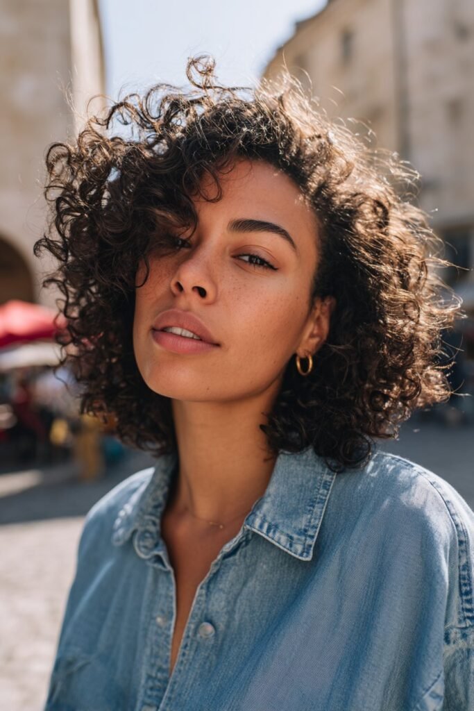 Young woman in her 20s with fine thin curly hair styled in a layered lob, light denim shirt, standing at an outdoor market street.