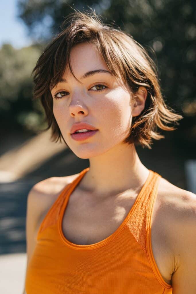 Thin fine hair in a layered lob with soft volume, captured along a sunlit park pathway.