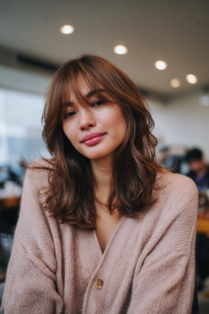 A modern woman with thin fine hair in a layered lob and curtain bangs, dressed in a pastel cardigan, sitting inside a cozy café with blurred warm lights behind her.