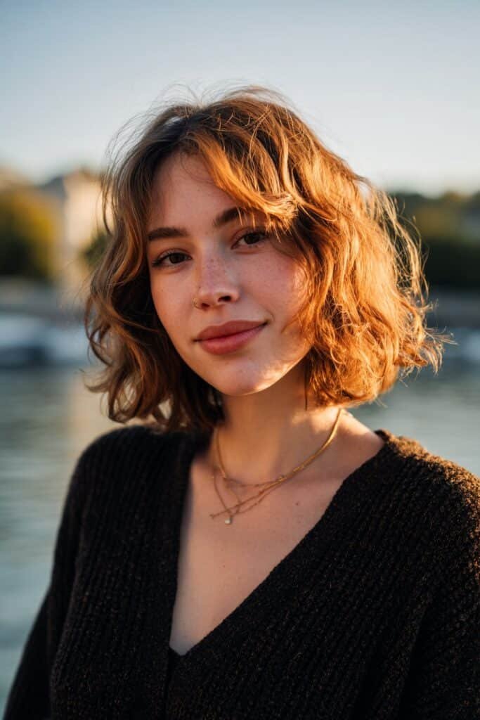 Young woman with thin fine wavy hair wearing a layered lob with soft face-framing pieces beside a calm lakeside view.