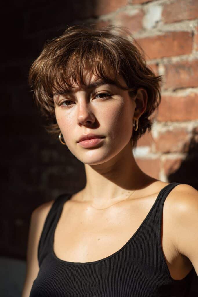 Young woman with thin fine wavy hair in a layered pixie with side-swept bangs standing near a rustic brick wall.