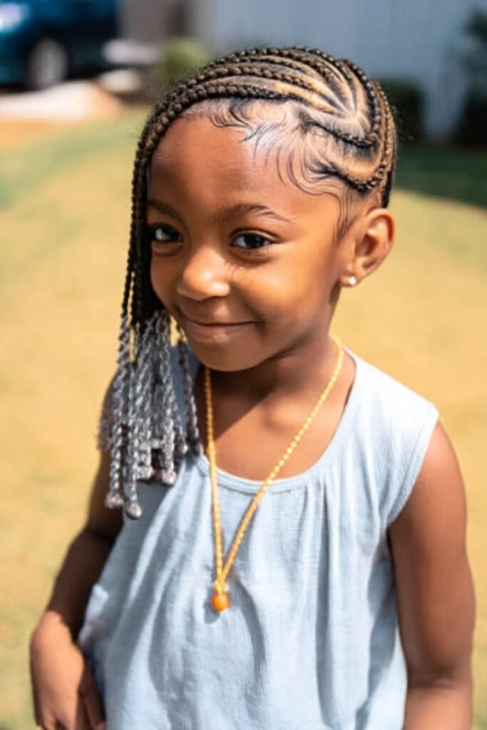 Little girl wearing side-swept lemonade braids with beads attached to the braid ends in a sunny backyard.