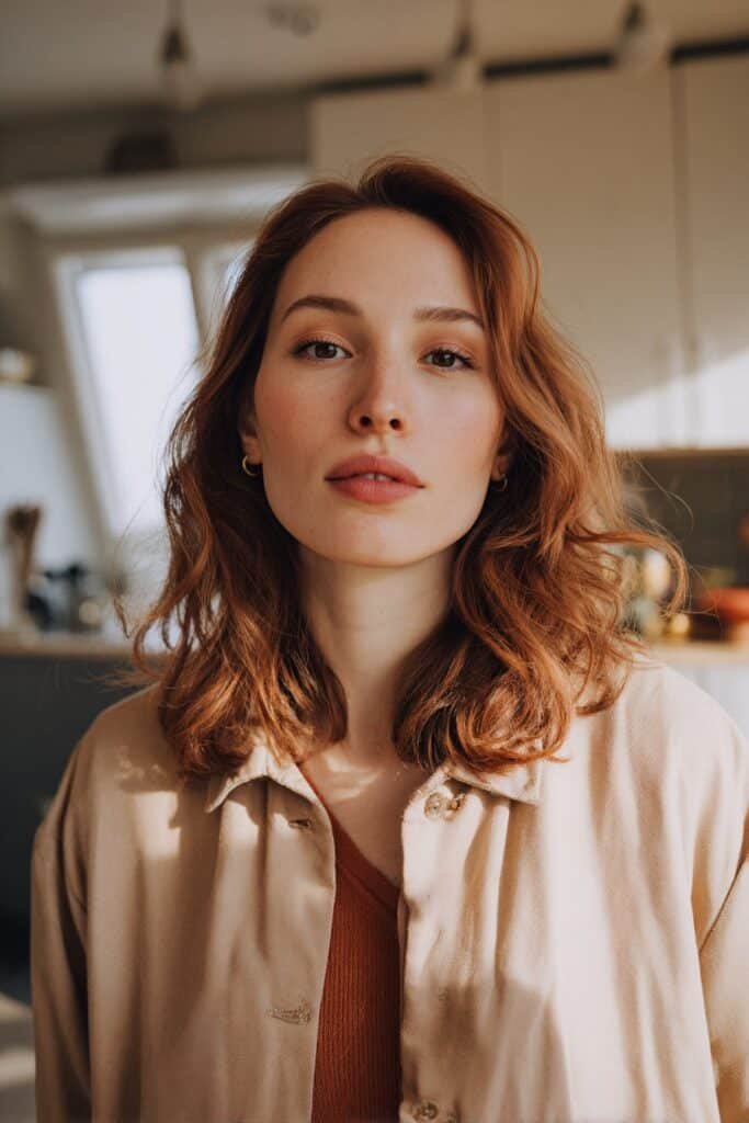 Chest-up front view of a woman in her 20s with light reddish brown hair, showing soft warmth and natural shine in a sunlit indoor setting.