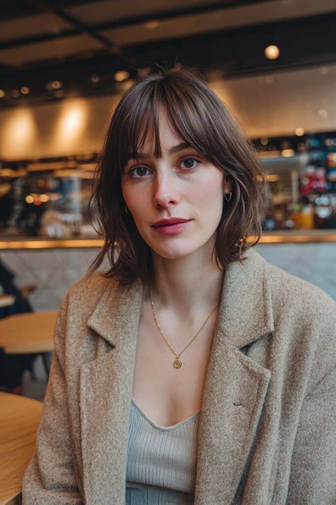 Front-view image of a woman in her 20s wearing a lob haircut with bottleneck bangs that softly frame the face and enhance fine hair.