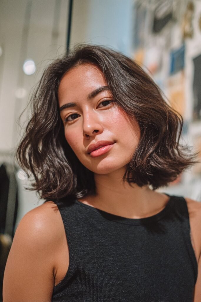 Front-facing portrait of a woman in her 20s wearing a lob haircut with a deep side part that adds lift and dimension to fine hair.