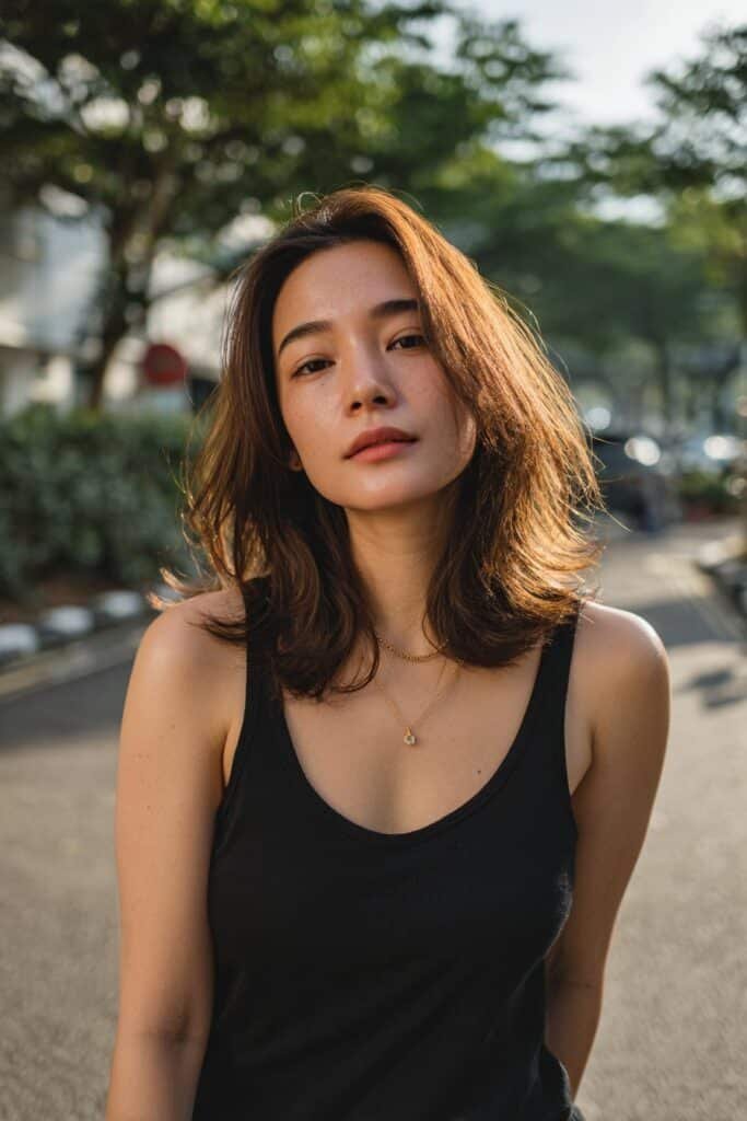 Front-facing portrait of a woman in her 20s showcasing a lob haircut with face-framing layers that highlight facial features and soften fine hair.
