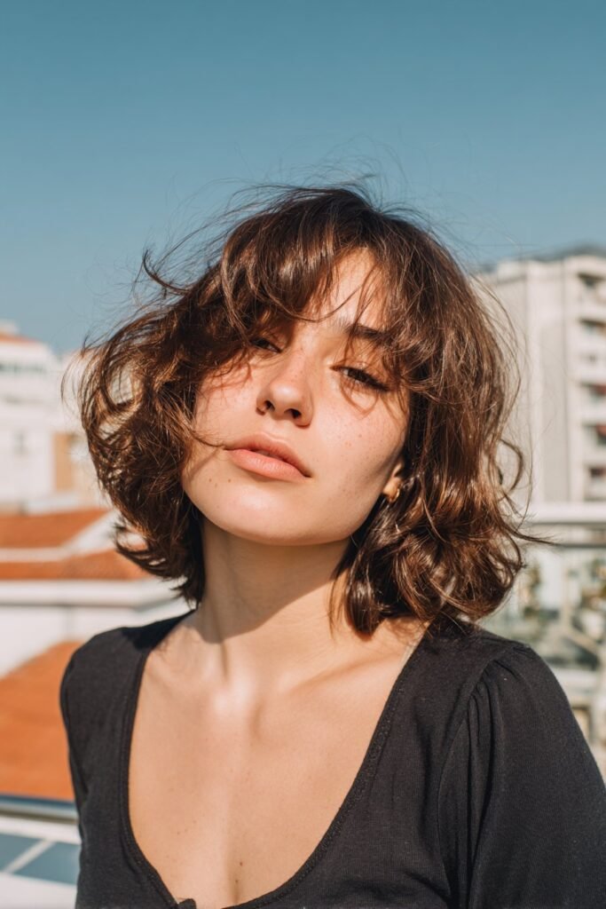 Front-facing portrait of a woman in her 20s showcasing a lob haircut with side-swept bangs that add softness and balance to fine hair.