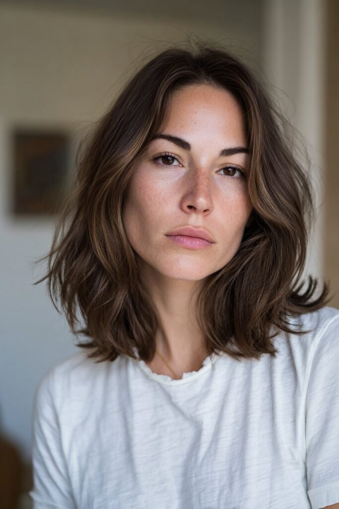 Front-view image of a woman in her 20s showing a soft layered lob haircut that adds natural movement and light volume to fine hair.