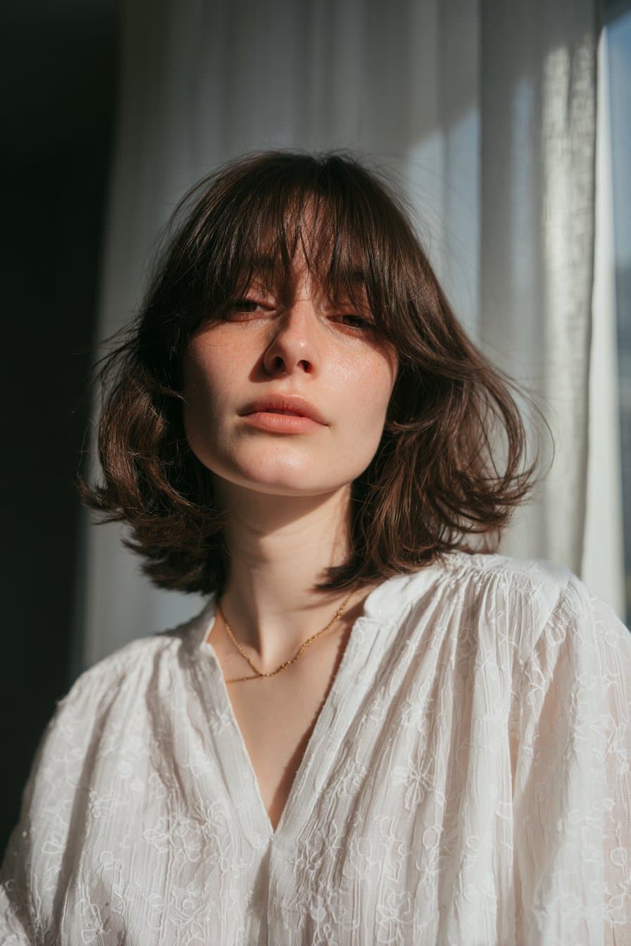 Front-facing portrait of a woman in her 20s showing a lob haircut with wispy bangs that create a light, airy frame for fine hair.