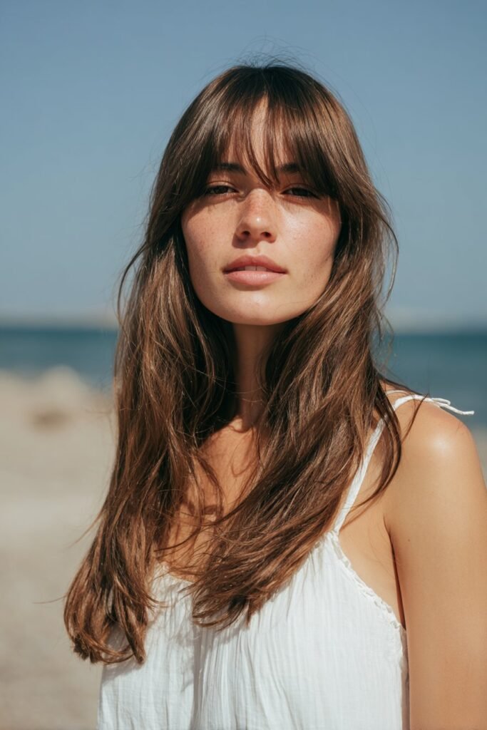 A serene woman with thin fine hair styled in long layers with wispy bangs, wearing a white sundress, standing on a bright coastal beach background.