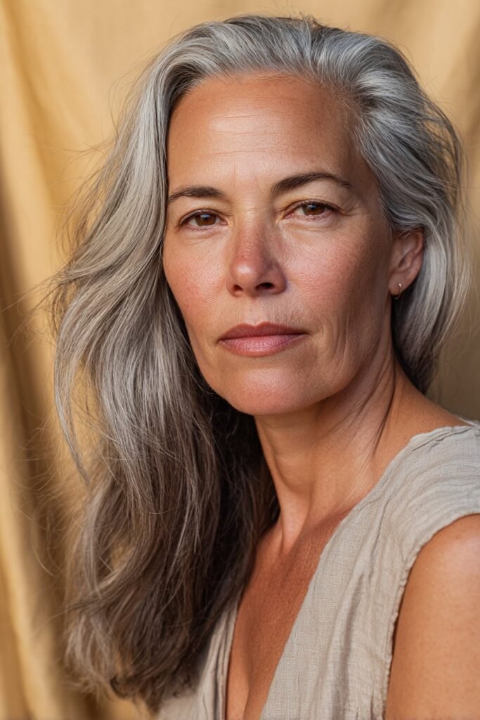 A woman over 50 with a long shag and soft waves posing in a reading nook with warm natural light from nearby windows.