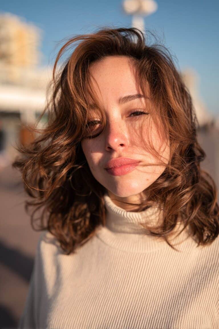 Relaxed woman wearing a light turtleneck with loose beach waves captured during golden hour at a seaside promenade.