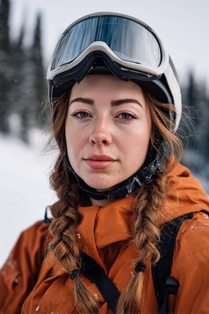 Front-facing image of a woman in her 20s wearing a ski helmet with loose braided pigtails, a practical ski hairstyle that fits comfortably under a helmet on snowy slopes.