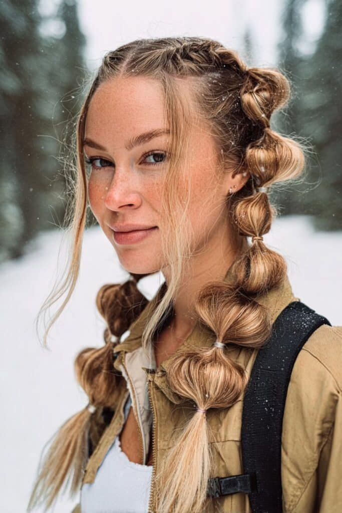 Chest-up portrait of a woman in her 20s wearing low bubble braids for snowboarding, showing evenly spaced sections and a playful winter look in a snow-covered forest setting.