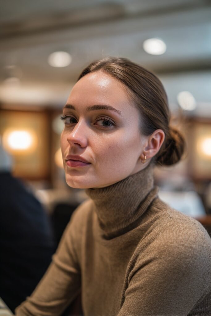 Refined woman wearing a classic turtleneck with a low chignon hairstyle styled neatly at the nape in an upscale restaurant interior.