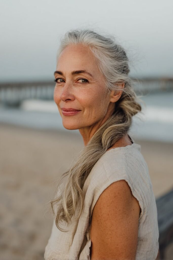 Graceful woman in her 40s with a low layered ponytail in sandy blonde, posed on a serene beach boardwalk – ponytail hairstyles for women over 40 series.