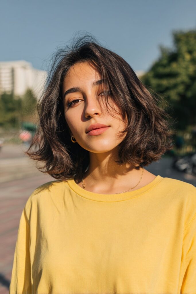 Young woman in her 20s with fine thin hair styled in a low-maintenance choppy bob, natural texture, casual outfit, outdoors on a park walkway.