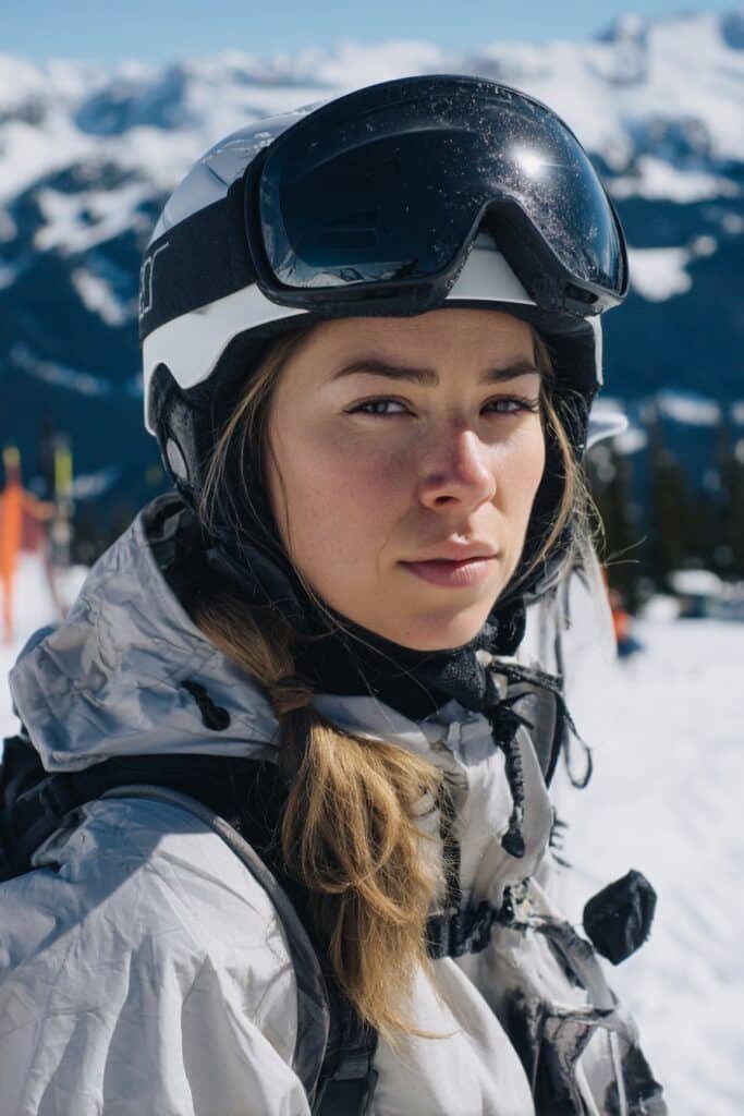 Front-view image of a woman in her 20s wearing a ski helmet with a low ponytail placed below the helmet, an easy and functional ski hairstyle.