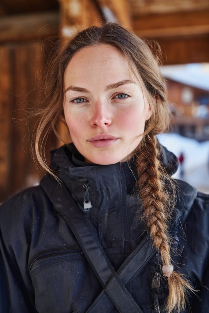 Snowboarding-ready low ponytail with a face-framing side braid on a woman in her 20s, photographed from the front with a winter lodge background.
