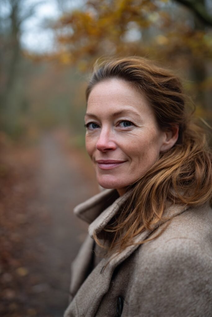 Graceful woman in her 40s with a low side ponytail in mahogany layers, posed on a quiet forest trail – ponytail hairstyles for women over 40 series.