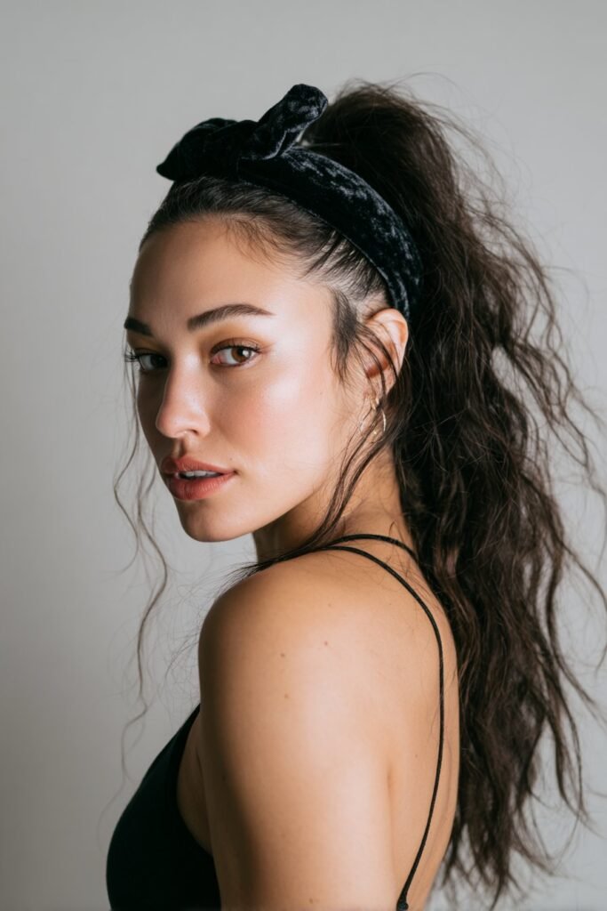 A close-up photo of a young elegant American woman with a low twisted ponytail and plush velvet headband – ponytail hairstyles with headband series.