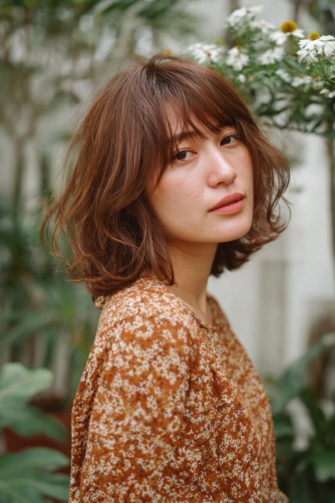 A gentle woman with thin fine hair in a medium-length cut with face-framing bangs, dressed in a floral blouse, standing in a sunlit garden with greenery behind her.