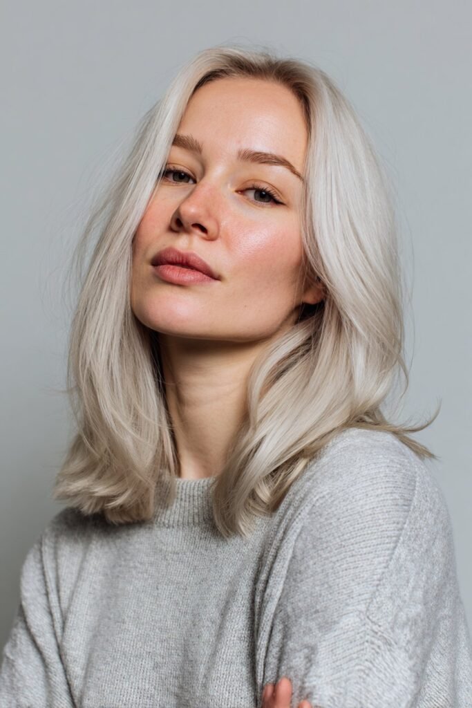 Young woman with medium-length platinum blonde hair and shadow roots, darker roots blending into icy blonde lengths in a minimalist studio.