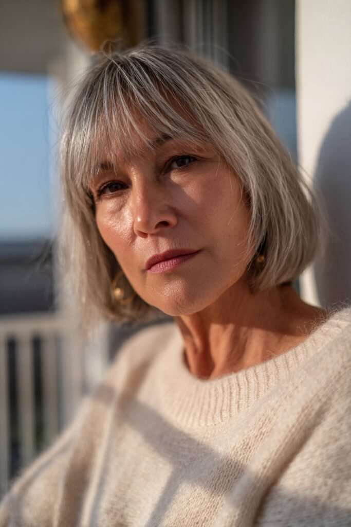 A woman over 50 with a medium-length shag and curtain bangs standing on a sunlit balcony, her hair softly framing her face.