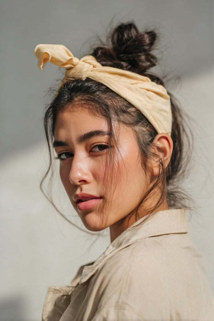 A close-up photo of a young elegant American woman with a messy bun-ponytail hybrid and knotted headband – ponytail hairstyles with headband series.