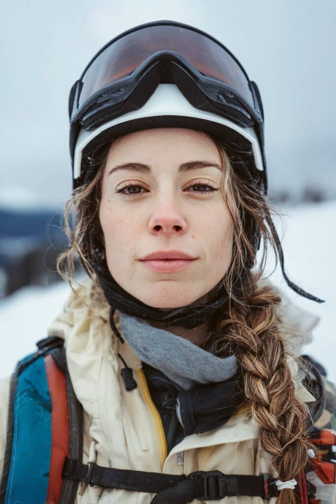 Front-view image of a woman in her 20s wearing a ski helmet with a messy fishtail braid, a relaxed ski hairstyle with visible texture.