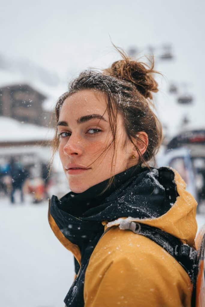 Front-facing winter sports portrait of a woman in her early 20s wearing a messy High bun for snowboarding, with relaxed texture and a snowy ski base area behind her