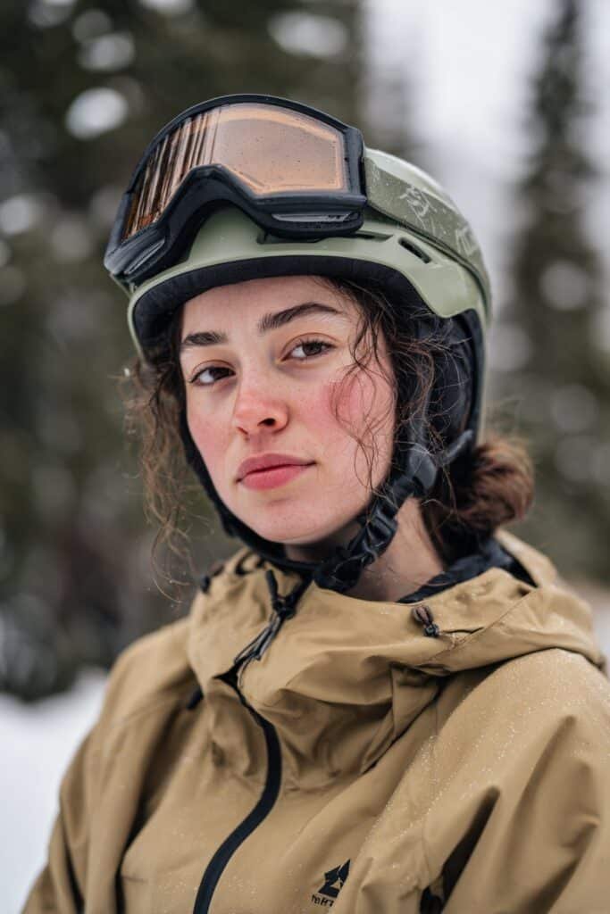 Front-view image of a woman in her 20s wearing a ski helmet with a messy low bun for curly hair, offering comfort and style for skiing in cold weather.