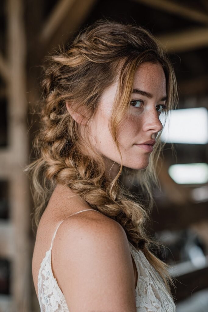 Rustic bride in her 20s styled with a messy side braid wedding hairstyle woven with a soft ribbon in a countryside wedding setting.