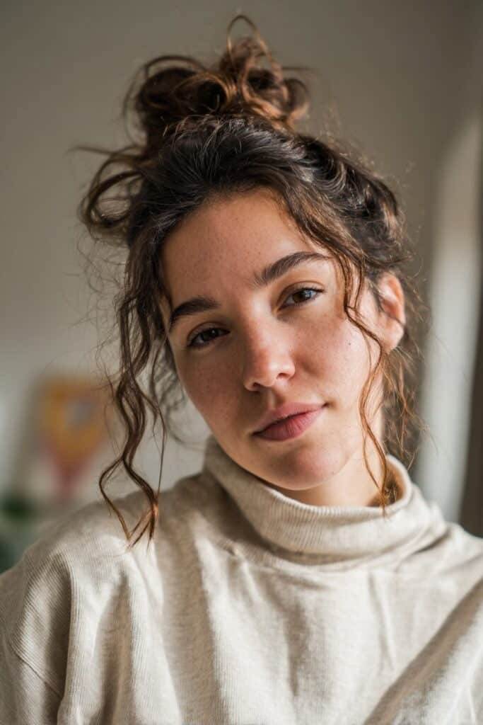 Casual woman in an oversized turtleneck wearing a messy top knot hairstyle with relaxed flyaways in a cozy living room setting.